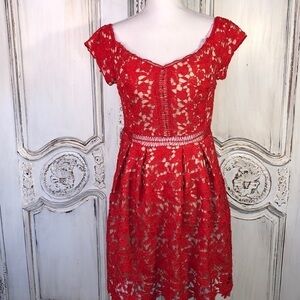 Francesca’s Heavy Red Lace Over Flesh Lining Cap Sleeve Gathered at Waist Dress
